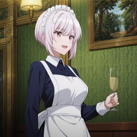 nsfw, masterpiece, best quality, 1girl, solo, spy_classroom_sibylla, maid headdress, short hair, red eyes, drinking glass, cup, maid, open mouth, smile, holding, wine glass, indoors, apron, pink hair, :d, picture frame, painting (object), lamp, bangs, mole, long sleeves, tree, white apron, maid apron, <lora:Sibylla_-_Spy_Classroom:0.7>