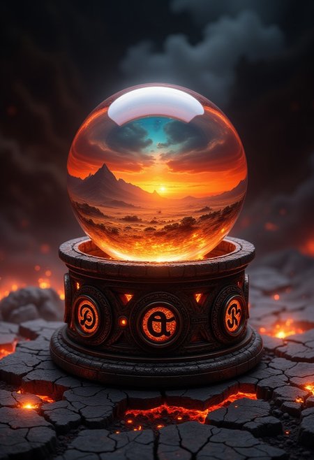 "A hyperrealistic close-up shot of a crystal ball resting on a weathered, blackened pedestal carved with intricate runes glowing faintly in amber. Inside the crystal ball, a swirling flame burns eternally, its vibrant hues shifting between orange, gold, and blue, as though alive and suspended in time. The reflection on the ball shows a desolate, ash-covered landscape with a single distant, jagged mountain peak beneath a crimson and stormy sky. Around the pedestal, scattered embers glow softly, casting warm light on the cracked and textured ground. The background fades into a smoky haze, with subtle flickers of firelight illuminating the swirling smoke patterns. The lighting is dramatic, with intense highlights on the crystal ball and deep, shadowy contrasts around the edges, creating a powerful, moody atmosphere. Hyperdetailed textures, glowing ember effects, and intricate reflections bring the fiery core and surrounding environment to life."
 <lora:FluxDFaeTasticDetails:0.2> <lora:aidmaHyperrealism-FLUX-v0.3:0.8>