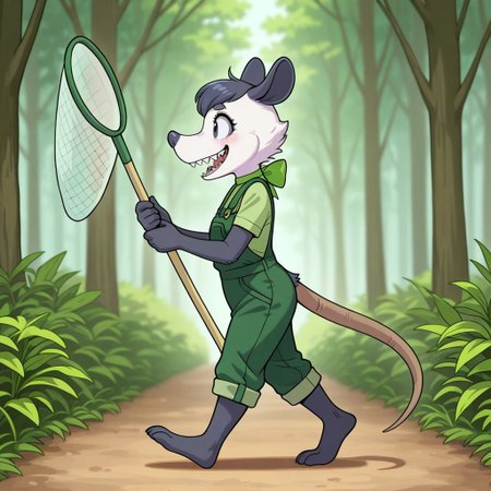 Lily(PP), Solo, 1girl, anthro, female furry, Possum, virginia opossum, white and black fur, black hair, short hair, black eyes, black ears, black nose, possum tail, full body, green shirt, green overalls, Green neckbow, holding butterfly net, from side, walking, forest background, smiling, sharp teeth, excited look,
