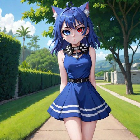totless, full body, 1girl, outfit1, spiked collar , outdoor background, heterochromia , blue dress with one white stripe, one red right  eye