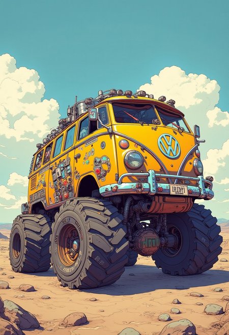 vw van monster truck, dieselpunk style, very inspirational, glossy, dynamic body, beautiful elegant, excellent composition, intricate artistic color, romantic, intricate, beautiful, vibrant, perfect intricate, cyberpunk, anime, stunning fine detail, The background is A post-apocalyptic wasteland that creates a sense of desolation and danger, contrasting with the vibrant colors and playful nature of the truck