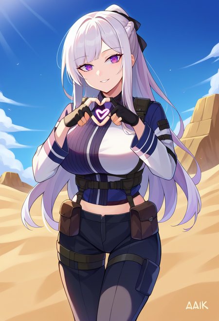 score_9, score_8_up, source_anime  BREAK solo, 1girl,  looking at viewer, cowboy shot, dutch angle,
 <lora:Ak12PdxlDwnsty-000008:1>, ak12chick, purple eyes, white hair, long hair, sidelocks, ponytail, hair ribbon, french braid,black tactical clothes, multicolored jacket, long sleeves, black gloves, partially fingerless gloves, black pants, heart fingers, heart hands, <lora:Heart_Fingers__Concept_Lora-000007:1>,
curvy, large breasts, light smile,
desert, sunlight, sand, hills, blue sky, horizon,