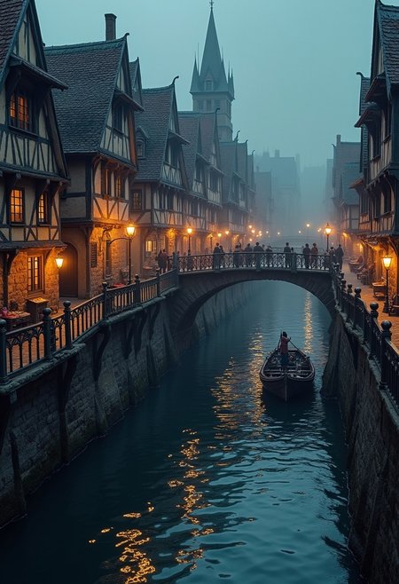 Hyperrealistic, cinematographic photography, vivid colors, and intricate details. A stunning old Medieval bridge between two sides of a bustling Medieval city, spanning a wide river. The bridge is packed full of old houses and shops, with people selling their wares. We get a diagonal view the bridge, standing left on the waterside. Under the bridge an old wooden fisherman's boat disappears behind the pillars of the bridge. It is night and the lamps of the houses and shops on the bridge give a magical and romantic atmosphere.
