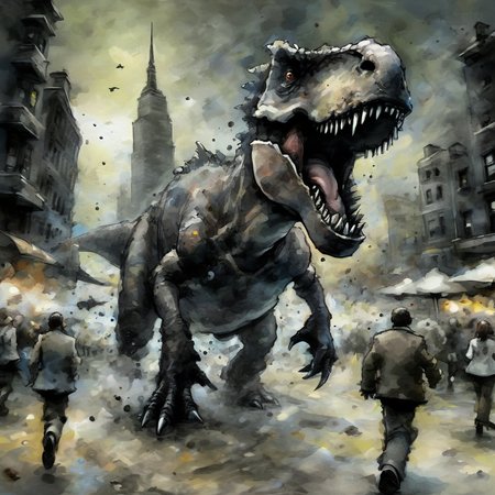 artmix04 expressive scary dark image powerful tyrannosaurus rushes into the city, running people in the foreground, dark, very detailed<lora:artmix04:1>