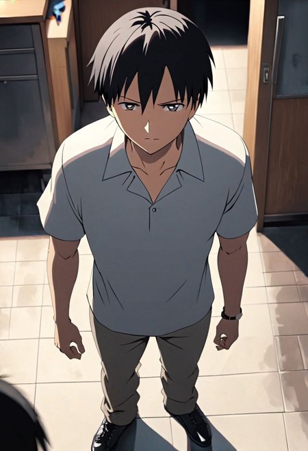 Highres, Masterpiece, High Quality, 4K, 8K, solo, 1Boy, Takaki Toono, adult, black hair, short hair, standing, straight facing upwards, casual, seen from above, arrogant face, dominant, intimidate, easynegative, detailed_eye_model