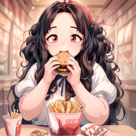 (masterpiece:1.4), high quality, high definition, sharp focus, detailed clothes, detailed body, detailed face, anime, best quality, 4k, 8k, absurd resolution, intricate detail, detailed hands, detailed eyes, animation, illustration, highly detailed, highres, extremely detailed, <lora:hyperdenoiser_v090:0.6>, <lora:perfetfingers:1>, OverallDetail, ah1, <lora:hyperrefiner_v090:0.6>, <lora:add_detail:1>, <lora:ETO_OCC002:0.7> ETO_OCC, black hair, (curly hair:1.5), long hair, thick eyebrows, (looking at viewer), (fat:1.5), (hazel eyes:1.5), (parted bangs:1.8), (1girl:1.4), skindentation, <lora:softservice:0.6> softservice, maid costume, full body, maid, maid headdress, maid apron, (sweet smile), (holding fried chicken), (girl with a hamburguer in her mouth), (detailed food:1.5), (food on mouth:1.5), (eating hamburguer), pov, open mouth, tongue out, (multiple hamburgers:1.8), (girl surrounded by food:1.6), (pov hands:1.5), (eating:1.5), (feeding:1.5), (being feed up:1.5), (feed up by viewer:1.7), (solo focus), (french fries on cheeks:1.8), (french fries cheeks poking:1.7), (cheeks poking with french fries:1.8) <lora:è¯å¾·åº v2:1> kendeji, fried chicken, burger, kfc food, kfc bucket,