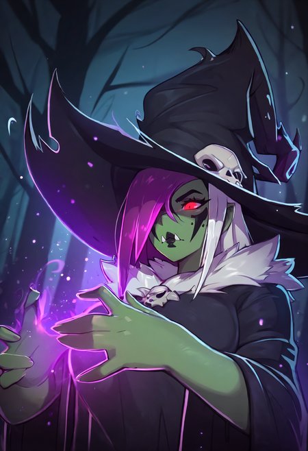 masterpiece, best quality, very aesthetic, abstract background,night,1girl,solo,orc woman,aura,green skin,tusks,black lips,white hair,purple hair,two-tone hair,witch hat,bangs,hair over one eye,red eyes,robes,fur trim,outdoors,forest,moonlight,serious,glowing eyes,magic,skull ornament,face tattoo,shaded face,light particles,dynamic pose <lora:mixp_n11:1>