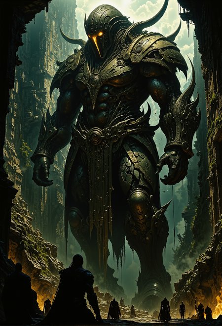 cinematic photo . A towering, ancient Mayan statue brought to life, its massive stone form dominating the scene, with glowing yellow eyes radiating an eerie light. The statue has four muscular arms, each gripping a large golden saber that glimmers in the flickering torchlight. It's captured from a dramatic low-angle shot, creating a sense of impending danger as it lumbers towards the viewer. The weathered, moss-covered temple ruins behind it set the scene with crumbling stone structures, shrouded in darkness, barely illuminated by the flicker of distant torches. The atmosphere is ominous and otherworldly, the statue exuding a menacing, ancient power. <lora:- Flux1 - vanta_black_V2.0.safetensors:0.5>, <lora:flux.1_lora_flyway_Epic-Characters_v1.safetensors:0.75>, <lora:Elden_Ring_-_Yoshitaka_Amano.safetensors:1.0>,  <lora:The_Dark_Side_Of_The_Future.safetensors:0.25>, <lora:artilands.safetensors:0.75>, <lora:m100-style_v.02.safetensors:0.25>,   . 35mm photograph, film, bokeh, professional, 4k, highly detailed