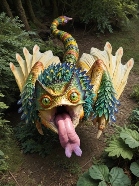 <lora:MH_PukeiPukei_a1_10_PonyXL:.9>, score_9,score_8_up,score_7_up, nature photography,  (close_up shot, portrait), high angle shot, cropped photo, 
pukeipukei,feral,solo,hi res,detailed background,forest, green eyes,(slit pupils:0.7),tongue out,long tongue,forked tongue,winged arms,(raised tail),detailed eyes,yellow body,green hair, (flying) ,yellow
hardlight , bloom, subsurface scattering, sharp hyper detailed, (shiny metallic skin:1.2), (ultra-detailed feathers small_scales:1.1), bright highlights, <lora:RM_Enhancer_v1.0_bf16:.1>  <lora:p:.2> <lora:Add_More_details_SD3:.5>