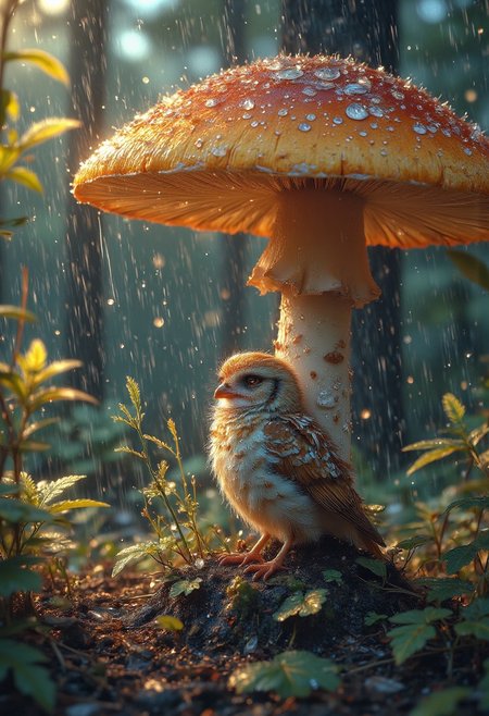 In the hushed stillness of a temperate forest awash in silken rainfall, a diminutive avian ambassador presides regally amidst the undergrowth. Sheltering beneath the flared umbrella of a burnished russet agaricus, the petite owlet surveys its aqueous kingdom with a gaze equal parts wise and winsome. Downy plumage of tawny and ivory hues ruffles subtly in the breeze-borne kisses of precipitation, each filament dewdrop-laden and luminous. Gossamer wisps of vapor curl sensually around the fungal pedestal, softening edges and lending an ethereal nimbus to the tableau. Beyond the immediate sanctuary, the woodland murmurs with the susurrus of falling water, leaves and needles acting as thousands of percussive instruments in a symphony composed by the elements themselves.
impressionist painting, loose brushwork, vibrant color, light and shadow play, captures feeling over form, surreal, digital artwork, 
beautiful, painterly, detailed, textural, artistic, aesthetic, intricate details, highly detailed, vivid, vibrant, volumetric lighting, 
aidmaMJ6.1