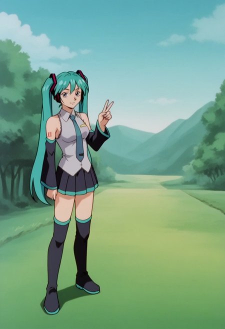 safe_pos, score_8, score_8_up, score_7_up, AWGXS, anime screenshot, retro artstyle,1990s (style), cel animation BREAK  1girl, female focus, solo, hatsune miku, medium breasts, twintails,necktie, collared shirt, sleeveless, detached sleeves, tattoo, aqua hair, skirt, pleated skirt, thighs, thighhighs, v, looking at viewer, outdoors, scenery, standing, boots, thigh boots, 