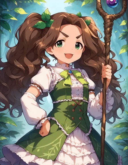 score_9,score_8_up,score_7_up,1girl,solo,cowboy shot,looking at viewer,smile,(smug:0.7),open mouth,forest,hand on hip,
<lora:kusakabewakaba_ponyXLV6:0.8>,cgkw,kwhb,brown hair,twintails,wavy hair,thick eyebrows,green eyes,
 holding staff,frilled dress,detached sleeves,leaf