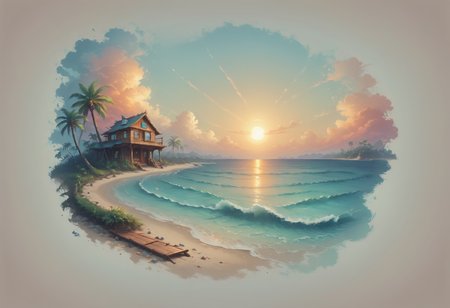 Faded Headshot, faded bottom, faded edges  <lora:FadedHeadshot:1>,score_9,score_8_up,score_7_up,score_6_up,score_5_up,score_4_up Beach landscape, golden sandy shores, turquoise ocean waves, tropical palm trees, coastal flowers, seashells scattered on the sand, gentle sea breeze, wooden boardwalk, thatched beach huts, fluffy white clouds, radiant sunset sky, warm and vibrant color tones, picturesque seaside scenery, serene and tranquil atmosphere