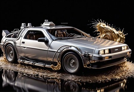 SILVER LIQUID METAL car, Car from back to the future, car, racing through GOLD LIQUID METAL, liquid metal sprays up from the cars tyres, Car drifting in a black void