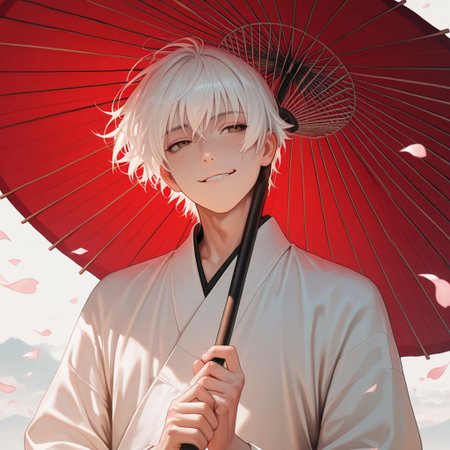 masterpiece, best quality, amazing quality, absurdres, newest, detailed background, definition so sharp, Ultra-HD, 8K cinematic, very awa, impressionate, amazing quality, highres, 
solo, male focus, manly, 
yashiroisana, 1boy, short hair, bangs, shiro_white hair, shiro_brown eyes, oil-paper umbrella, holding umbrella like a staff, playful smirk, calm gaze, wind blowing, floating petals, aesthetic, powerful, serene, playful