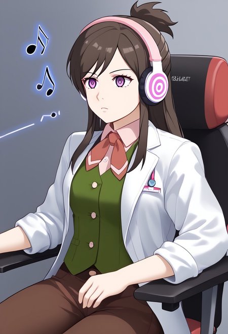 Ema being hypnotized by music from headphones,
score_9, source anime, lewd, 1girl,
mind control, hypnotized, empty_eyes, blank stare, slack jaw, hypnotic music,
large headphones, music notes from headphones, slack body in chair, swivel chair,
ema skye, half updo, white lab coat, sleeves rolled up, green vest, red neckerchief, brown pants