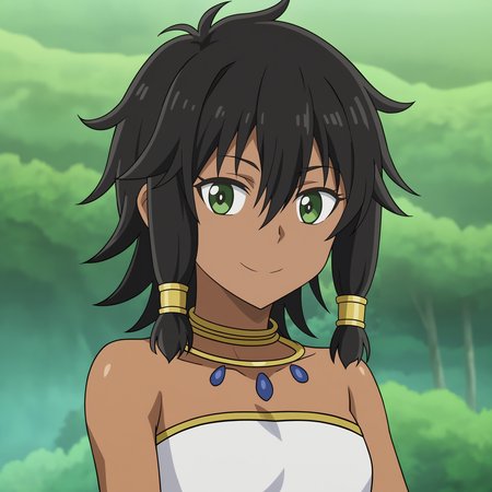 outdoors,nature,
<lora:TionaXL:0.7>,tionasdxl, hair tubes, dark-skinned female, 1girl,solo, neck ring, black hair,  short hair, bare shoulders, looking at viewer,  green eyes,smile,portrait, hair between eyes,close-up,white bandeau, 
<lora:Anime_Screencap:1>,anime screencap, anime coloring,