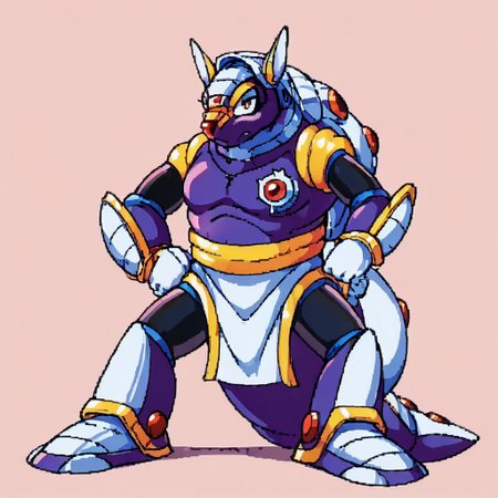 score_9, score_8_up, score_7_up, score_6_up, score_5_up, source_furry, maverick, armored armadillo, mmx, purple + gold armor, armadillo, metallic, robot animal, shell, red nose, armadillo ears, genderswap, 1girl, female, adult, breast, solo, looking at viewer, unamused, glare, hands on hip