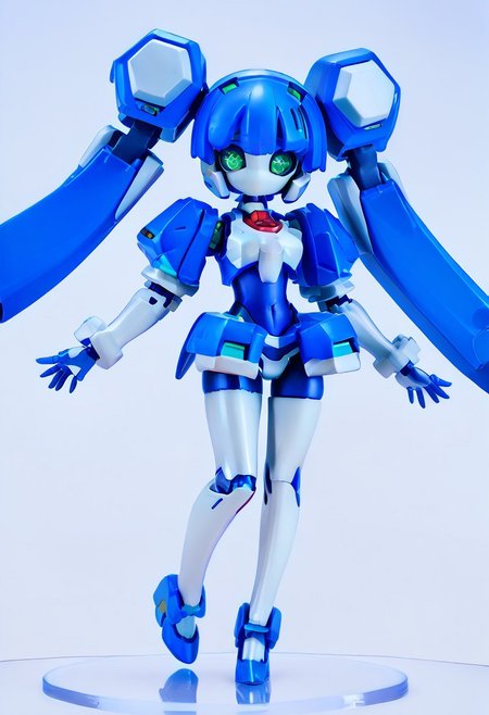 masterpiece, score_9, score_8_up, score_7_up, EasyNegative_v2, 
(best quality:1.1),ultra-detailed, high resolution, super detailed skin, beautiful detailed eyes, nsfw, Brightly Lit, Highly Visible, 8k, sharp focus, beautiful, perfect lighting, beautiful eyes, anatomically correct, anatomically correct face, extremely detailed eyes, smooth edges, beautiful face, symmetrical eyes, symmetrical face, 
(standing, Full-body view:1.2), 
1girl, cute girl, blazermate, (robot girl, android:1.3), (roaot eyes, green eyes, blue hair, no mouth:1.2), (colored skin, robot skin, white skin, blue skin, robot joints:1.5), 
(simple background, white background:1.2), (solo focus:1.5), 
(looking at viewer:1.5),  (figurine:1.5),