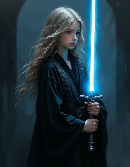 oil painting of a masterpiece, a close up portrait, petite teen girl wearing ornate black Jedi robes by Albert Lynch, Abbott Handerson Thayer, glowing blue lightsaber, innocent, inside a foggy Jedi Temple, highly detail, best quality, innocent, thoughtful, at peace with herself, white skin, pale skin, blue eyes, long flowing blond hair, in a Jedi Temple, stepping out of the darkness, dynamic pose, ultra detailed, romantic, focus on the girl, shadow and light, Masterpiece, intricate lines, intriguing atmosphere, sharp magnificent details, delicate features, elaborate details, (2\3 rule composition:0.5), ultra detailed, romantic, Rembrandt lighting, brush strokes, del1cate_balance style, novuschroma, in the style of Rembrandt. vantablack <lora:style_of_Rembrandt_FLUX_135:.8> <lora:- Flux1 - vanta_black_V2.0:.6> <lora:Delicate_Balance:.3> <lora:113_novuschromaFLX_1:.3> <lora:neeeg_f1:-1>