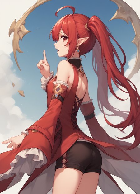 source_anime, score_9, score_8_up, score_7_up, score_6_up, score_5_up, score_4_up,
1girl, solo, long hair, open mouth, red eyes, long sleeves, dress, bare shoulders, twintails, jewelry, standing, ass, ahoge, red hair, earrings, frills, detached sleeves, pointy ears, looking back, wide sleeves, from behind, :o, profile, shorts, red dress, frilled sleeves, index finger raised,
<lora:bugbugXL:1>
