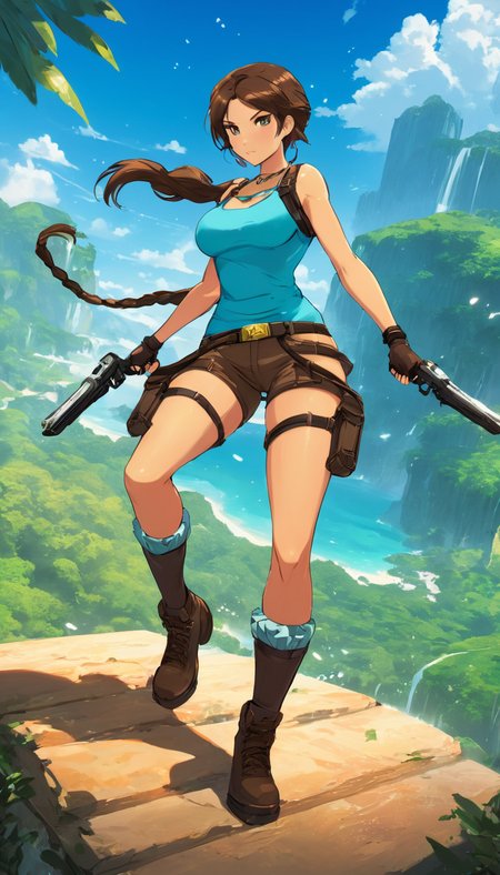 anime artwork Cinematic scene, hero view, Lara Croft <lora:lara_croft_xl_v2:1>, action pose, detailed background, masterpiece, best quality, high quality, highres, absurdres  . anime style, key visual, vibrant, studio anime, highly detailed