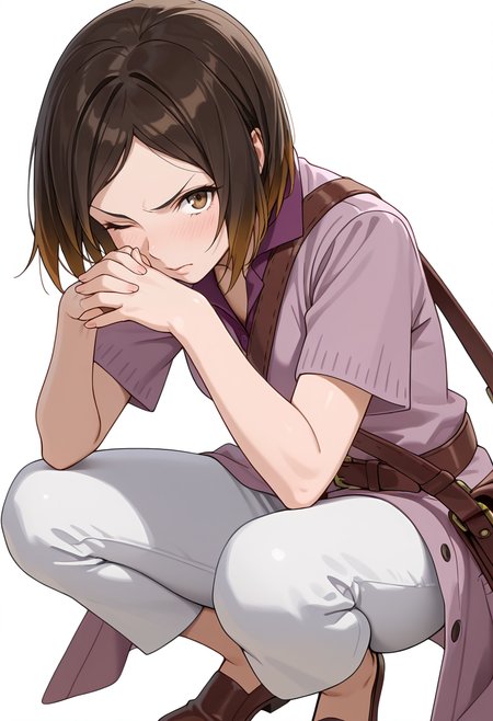 Smooth Quality,masterpiece,very intricate, high quality details, ultra realistic, high detailed skin,detailed enviorement,absurdres,
simple background, white background,
crouching pose, hands clasped, one foot forward, intense gaze, ready-to-move posture,  ,open hand,embarrassed,one eye closed, <lora:Kirara_Mizutani_cnn:0.8> 1girl, short hair, brown hair, multicolored hair, two-tone hair, brown eyes, at viewer, upper body,shirt, short sleeves, collared shirt, coat, pants, purple shirt,brown belt, shoulder bag,