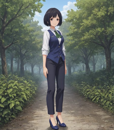 score_9, score_8_up, score_7_up, score_6_up, score_5_up, score_4_up, BREAK source_anime,
1girl, solo,  cowboy shot ,  looking at viewer, smile, outdoors, sky, trees,
<lora:pottsness_style_xl:0.7>, <lora:rhasta:0.6>, <lora:piromizu_2:0.6>, <lora:MeMaXL_V3:0.6>, 
 <lora:Shino:0.9>, Shino, short hair, black hair, bob cut, black eyes, medium breasts, white shirt, blue vest, green neckwear, black pants, blue shoes, high heels