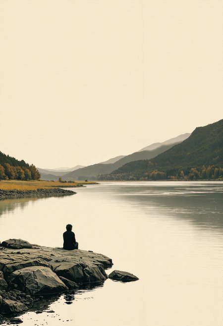 p0st_1mp4ct style, modernretroanime, Dreaming by the River , solitary figure sitting by a vast quiet river, gentle ripples in the water, mist rolling over distant hills, soft autumn tones, minimal brushstroke landscape ink-wash portrait, expressive bold ink strokes, melancholic solitary figure, vast misty landscape, desaturated soft tones, muted earth colors, atmospheric minimalism, textured aged paper, subtle stains and faded text, quiet river, distant mountains, open negative space, dreamlike and poetic mood <lora:Evangelion_Post-impact_Apocalyptic_Style_Flux.1_D_by_AutoPastel-000019:0.49> <lora:Hand v2:0.84> <lora:Dark_Gray_Photography_flux:0.17> <lora:Modern-Retro_Anime-FLUX:0.75>