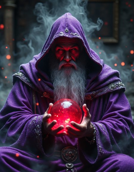 An aged, seated figure cloaked in vibrant purple, holding a deep red crystal orb. Long, flowing white beard, intense gaze, and a contemplative expression.  The figure's posture suggests wisdom and power, seated in a dark, mysterious chamber. Heavy, dramatic shadows and a muted color palette create a somber, mystical atmosphere.  Detailed intricate textures are present in the robes and beard, implying old age and rich storytelling. The background is a dark, moody sky filled with ethereal, smoky mists. The focus is on the figure, contrasting the orb with the muted setting, HKMagic, <lora:Dever_Flux_Enhancer:0.5>, <lora:FantasyWizardWitchesFluxV2-000001:1>