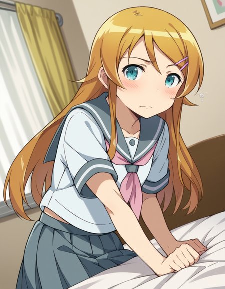 score_9, score_8_up, score_7_up, source_anime,
kirinokousaka, <lora:kirino-kousaka-s2-ponyxl-lora-nochekaiser:1>,
kirino kousaka, long hair, blue eyes, hair ornament, hairclip, orange hair, aqua eyes,
skirt, school uniform, serafuku, shirt, white shirt, grey sailor collar, grey skirt, pleated skirt, neckerchief, pink neckerchief,
indoors, bed, bed room, on side, blush, drunk,
looking at viewer, cowboy shot, solo, dutch angle,