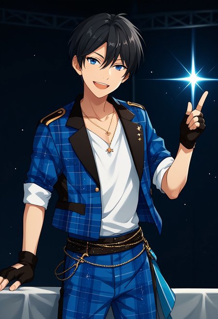 score_9, score_8_up, score_7_up, source_anime, highly detailed, 
hokuto, 1boy, male focus, solo, gloves, blue eyes, fingerless gloves, black hair, plaid pants, 
jewelry, smile, necklace, plaid, black gloves, looking at viewer, 
pants, open mouth, trickstar uniform, upper body,
indoor, stage