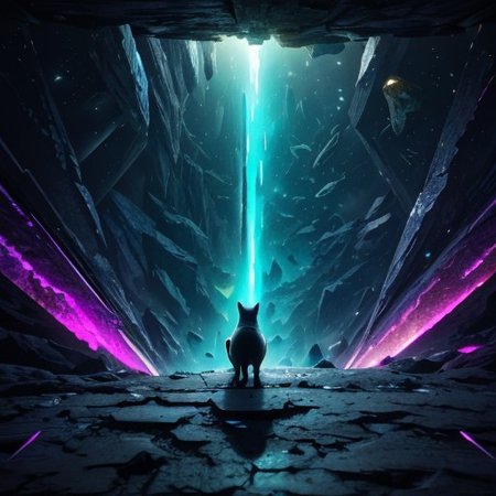 In the vast emptiness of the interstellar void, a cat whose omnipotent powers sits in a cyberpunk street, collide.highest quality, enhanced quality, creative, beautiful, vibrant, masterpiece, 8k, amazing details, amazing quality, amazing artist, sharp edges, detailed textures, full view, atmospheric lighting, amazing visuals, crystals fantasy, crystals, crystal, bg_imgs, cyberpunk, neon lights, science fiction, view from above,