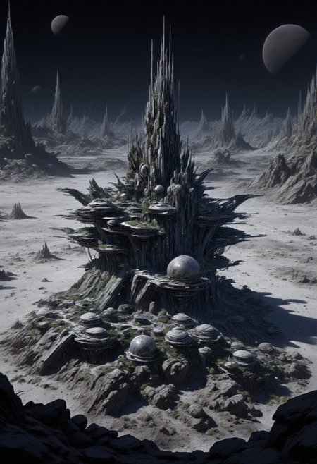 mythp0rt, masterpiece oil painting, landscape of a futuristic sci-fi moon base, gleaming metals and ceramics, domes, cratered environment, dusty, thin haze, a large planet dominating the skyline
