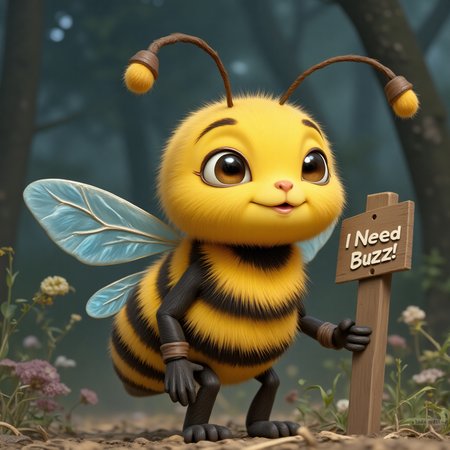 Carrybee with yellow yellow-gold and dull-blue color palette, 
"I Need Buzz!" Sign