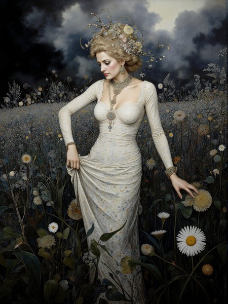 Convoluted stylized Saudi Socialist Realism painting. Full body view. Gothic theme. Stretched plump mature weeping opera diva, deep décolletage, bejewelled, dancing in a naive field setting. Intricate white and grey and black polka-dotted details. Overall, the scene is stormy and is very detailed. Dramatic light illuminates the scene from below. <lora:Former_Splendor:0.4> <lora:Paper_Marbling_Flux:0.5> <lora:midjourney_whisper_chromaplex_v1:0.4> <lora:Hand v2:1> <lora:flux.1_lora_flyway_Epic-detail_v2:0.4> <lora:Kaoru-Yamada_v17-000054:0.4>