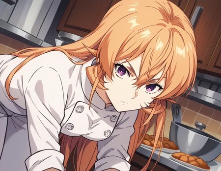 score_9, score_8_up, score_7_up, source_anime,
erinanakiri, <lora:erina-nakiri-s1-ponyxl-lora-nochekaiser:1>,
erina nakiri, long hair, orange hair, purple eyes, hair between eyes,
pants, white pants, chef, long sleeves, sleeves rolled up,
indoors, kitchen, bent over,
looking at viewer, cowboy shot, dutch angle, solo,