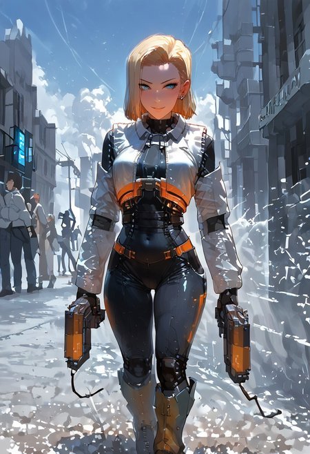 score_9,score_8_up,score_7_up,source_anime, 1girl, (((master piece:1.2))),(((best quality:1.2))),(((ultra detailed))),(((1girl))),(((intricate))),(((anime screencap))),(((very aesthetic:1.2))),((( Cite 17 background))),(((absudres:1.2))),(((embroidered))),(((scenery))),((extremely detailed CG)),(dynamic angle:1.4),vensu bdy woman in sci fi outfit standing on deserted street holding gravity gun, 
BREAK,
half life (series), (android 18 reimagined as a scientist in hev suit from half life 2),breasts, 1girl, blonde_hair, blue_eyes, (dynamic pose:1.4), Cite 17 background, smile, solo, looking_at_viewer, detailled_background, blonde android 18_hair, blush, boots, gloves, standing, cowboy_shot, hev armor style, holding a crowbar, weapon, solo focus, holding, outdoors, covered navel, hev suit bodysuit
BREAK;
(intricate details:1.12), (intricate details, hyperdetailed:1.15), hdr, dystopian sci-fi city, (at day:1.2), cinematic, half life aesthetic, science aesthetic, ominous background, bimbo atmosphere, lustful atmosphere, gray and pastel theme, city background, ground vehicle, motor vehicle, car, building, electric cable, camera, sfw