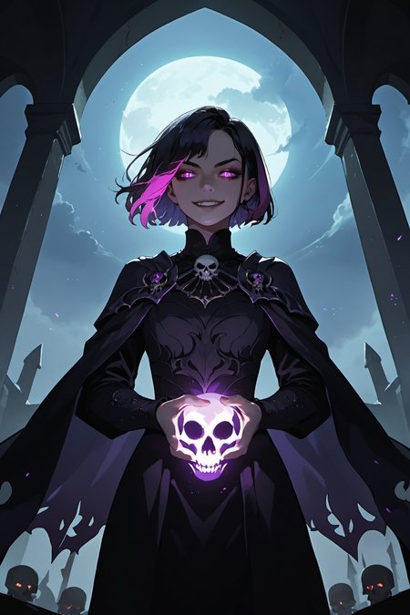 score_9, score_8_up, score_7_up,(Anime Style),(source_anime),
official art, ultra detailed, masterpiece, best quality, 1girl, (solo), beautiful, nice hands, perfect hands, (beautiful detailed eyes), half-closed eyes, glowing eyes, (evil smile), (short hair), (black hair, (dark purple colored inner hair)), (pale skin), sinister look, (alluring monarch of death), villain, eye shadow, (dying sunlight), (delicate armor), evil cape, (bringer of the false light), (the dark hour approaches), detailed background, graveyard, bats, spirits, ghosts, (style-swirlmagic:0.8), (casting a spell), channeling, hex, dark magic, green flames, floating particles, updraft, ethereal atmosphere, dark clouds, best light and shadow, wide shot, cowboy shot, looking down, dynamic angle, dutch angle, from below, dynamic pose, absurdres, highres,  (pure magical skull), holding skull, skull in the hand, multicolored hairs (Style-Necromancy:0.8), 
<lora:add_details_xl:0.7> <lora:Expressive_H:0.5> <lora:v3:0.6>