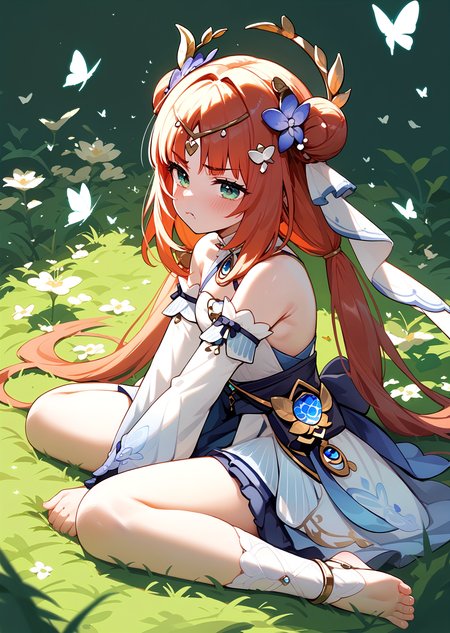 (score_9, score_8_up, score_7_up), 1girl, solo, nilou \(breeze of sabaa\), hair ornament, bare shoulders, detached sleeves, toeless kneehighs, sitting, wariza, butterfly, on grass, pout, blush, annoyed, from side, looking at viewer, <lora:nilou-giPO-v1ar-000007:0.8>