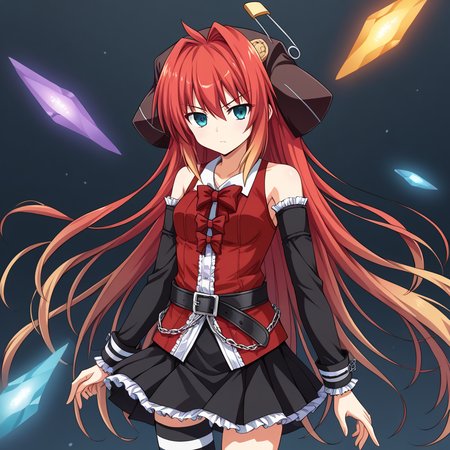 1girl, solo, momijiEXAEXSFA, red hair, gradient hair, very long hair, multicolored hair, single hair intake, ahoge, aqua eyes, hat, red shirt, collared shirt, detached sleeves, bare shoulders, neck bow, red bow, black skirt, frills, belt, chain, asymmetrical legwear, single thighhigh, striped, cowboy shot, serious, dynamic pose, crystal, floating crystals
