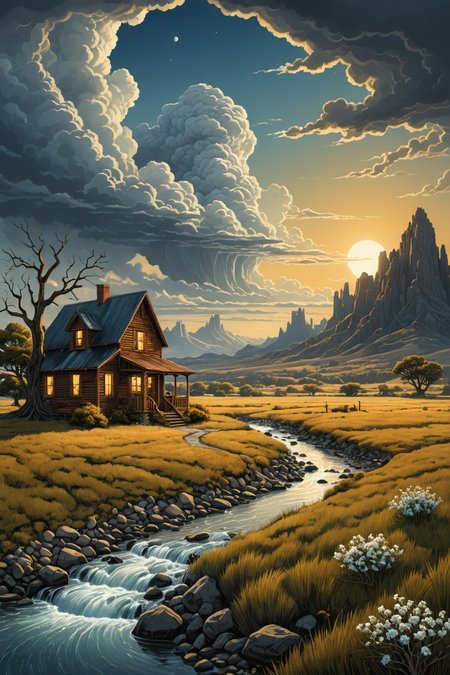 by (Mitch Dobrowner and (Terry Redlin in the style of ((Kelly Mckernan))) and Phil Noto), digital painting, landscape <lora:more_art:0.60>