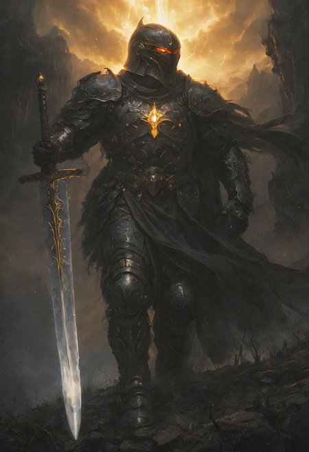 Impressionist painting , concept art, closeup low angle, A warrior in dark, ornate armor, intricate helmet, holds a radiant glowing golden sword, his glowing long hair billows in the air, stands on a battlefield, chaotic scene, set against a backdrop of imposing structures silhouetted against a stormy sky, artwork, dramatic fantasy theme, characterized by expressive, dynamic brushwork, contrast between the bright sword and the dark surroundings, matte painting, insane detailed, <lora:- SDXL - vanta-black_contrast_V3.0:1>, <lora:glowneon_xl_v1:0.3>, <lora:zavy-cntrst-sdxl:1>, <lora:SDXLFaeTastic2400:0.5> . Loose brushwork, vibrant color, light and shadow play, captures feeling over form
