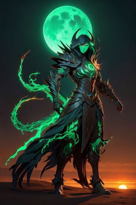 monster of branched wood titans in armor, full-length, angry look, shining thirst, glow of malachite veins, wood carved grace, random leaves, endless desert, sand dunes, sunset, high resolution, hyper detail, fantasy, hyperrealistic, aesthetic,