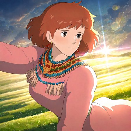 <lora:WotVotW_NausicaaXLIllustrious001>,
masterpiece,best quality,good quality,newest,
outdoors,detailed background,grassland,nature,lens_flare,glitter,
solo,
Nausicaa,1girl,
pink dress,fringe trim,ethnic costumes,