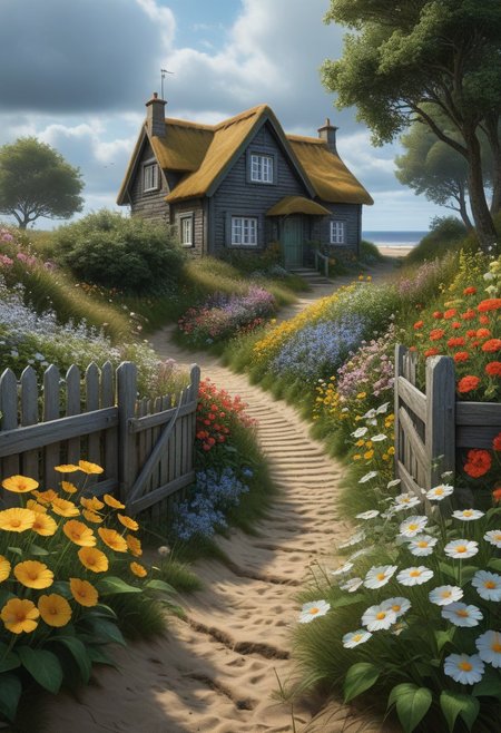 Landscape capturing the essence of a hint of summer at night, sandy path leading down with a fence aligning it, old weathered beach cottage standing sentinel amidst a sprinkle of mixed summer flowers, all depicted in the meticulous style of Peder Mørk Mønsted, ultra HDR, realistic with vivid colors, UHD drawing in pen and ink, perfect composition, intricate detailing, octane render, trending on ArtStation, 8K artistic photography, photorealistic concept art<lora:xl_more_art-full_v1:0.3>