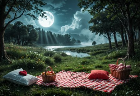(secluded forest meadow with a  creek passing by), soft green grass, flowering patches,  creek passing by, fresh springtime morning, (romantic picnic:1.24), polka dots blanket, heart shaped red pillow on blanket, clear water creek,     basket with fruits,  
(romantic cozy setting:1.24), (heart decorations:1.2),  fantasy, nature, mystical, serene, seclusion,((full moon:1.16), bright moonlight, moon rays, dappled shadows, clouds, mist, eerie atmosphere, long shadows),p8<lora:sdxl\oldPhoto_v1.0.safetensors:0.86:0.18>  
<lora:sdxl\cfg_scale_boost.safetensors:0.51:0.15>, 
p8,s7