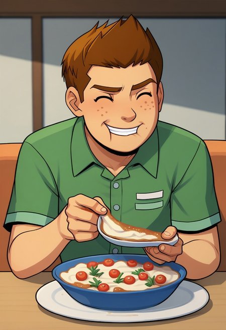 score_9, score_8, score_7, incogstyle, CHJackPower, brown hair, freckles, 1boy, ((solo)), eating cereal at dinner table,
