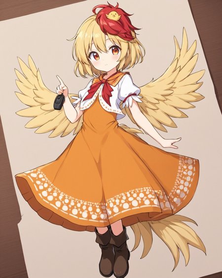 niwatari kutaka,1girl, whistle, chick, one_eye_closed, orange_dress, bird_wings, solo, yellow_wings, bird_on_head, bird_tail, white_shirt, short_sleeves, pointing, boots, one-hour_drawing_challenge, feathered_wings, tail_feathers, looking_at_viewer
<lora:niwatari_kutaka_image1327_2023-12-20-000010:1>,star-shaped_pupils,symbol-shaped_pupils,. gorgeous,key visual, vibrant, studio anime,award-winning, professional, highly detailed,high budget, cinemascope