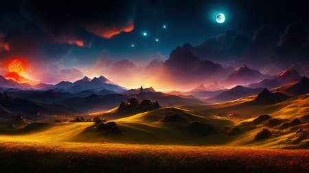 ethereal,masterpiece, best quality,[exploding huge bright fire ball in the night sky:a magical landscape filled with fairies and dragons:a mysterious and menacing medieval landscape:,0,18:catmull]